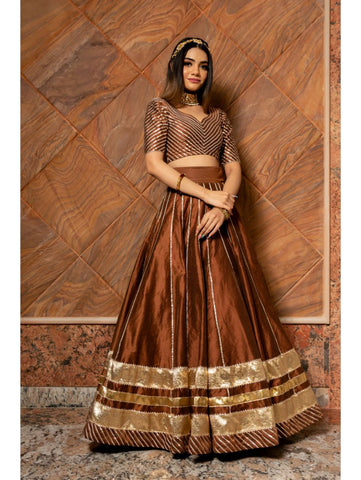 Pomcha Jaipur - BANI THANI BROWN COTTON SILK LEHENGA SET