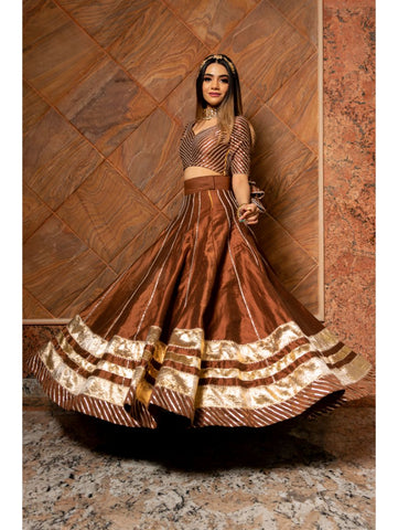 Pomcha Jaipur - BANI THANI BROWN COTTON SILK LEHENGA SET