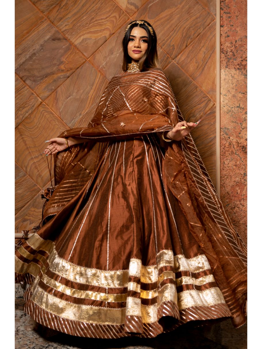 Pomcha Jaipur - BANI THANI BROWN COTTON SILK LEHENGA SET