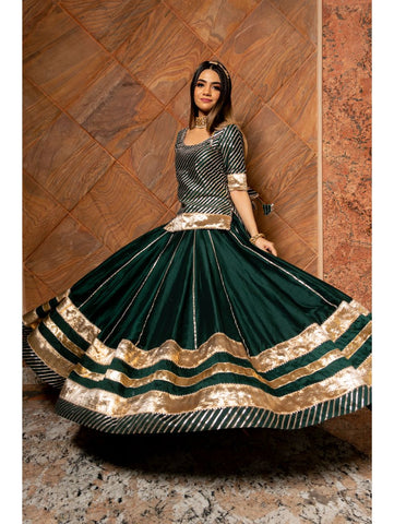 Pomcha Jaipur - BAISA DARK GREEN COTTON SILK LEHENGA SET