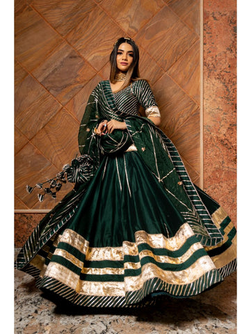 Pomcha Jaipur - BAISA DARK GREEN COTTON SILK LEHENGA SET