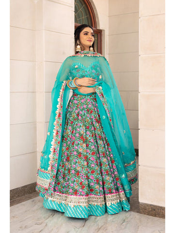 Pomcha Jaipur - AASMA HAND BLOCK PRINT LEHENGA SET