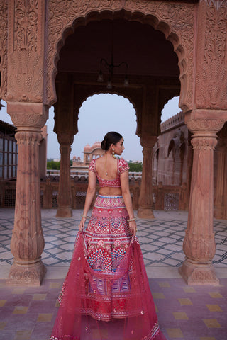 "Dwarka" Rani Pink Hand Embroidered Lehenga Set