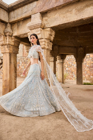 "Elisa" Pearl Work Blue Hand Embroidered  Lehengas With Feathered Cape