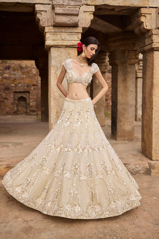 "Gaia" Golden & Ivory Resham Hand Embroidered  Lehengas