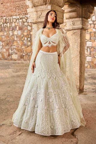 "Inaya" Pearl Work Pastel Green Hand Embroidered  Lehengas With Feathered Cape