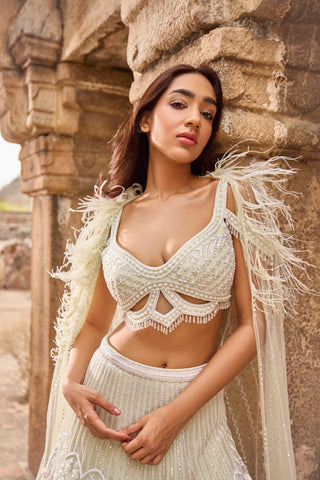 "Inaya" Pearl Work Pastel Green Hand Embroidered  Lehengas With Feathered Cape