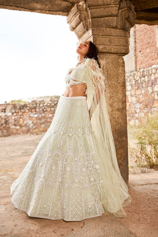 "Inaya" Pearl Work Pastel Green Hand Embroidered  Lehengas With Feathered Cape