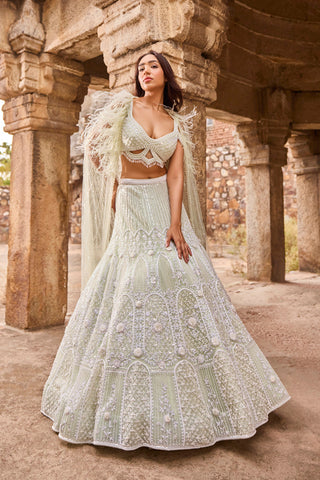 "Inaya" Pearl Work Pastel Green Hand Embroidered  Lehengas With Feathered Cape