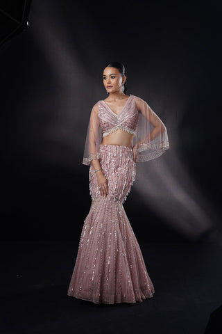 "Elise" Bronz Fishcut Pearl Lehenga Set With Cape