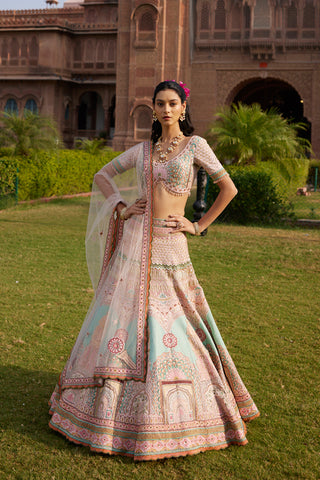 "Meenakari" Pastel Pink And Sea Green Hand Embroidered Lehenga Set