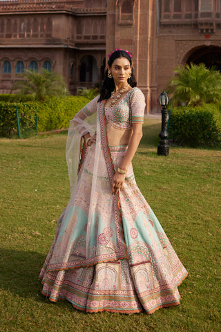 "Meenakari" Pastel Pink And Sea Green Hand Embroidered Lehenga Set