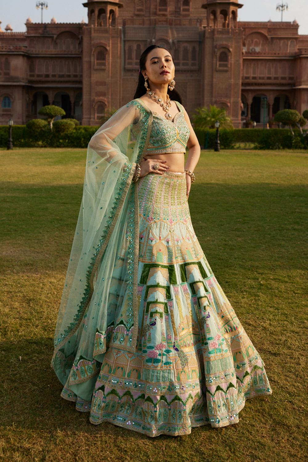 "Morni" Pastel Green Hand Embroidered Peacock Motifs Lehenga Set