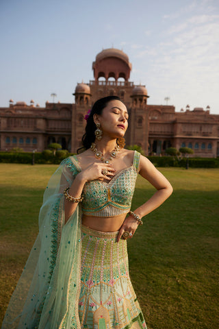 "Morni" Pastel Green Hand Embroidered Peacock Motifs Lehenga Set