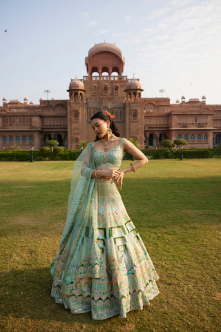 "Morni" Pastel Green Hand Embroidered Peacock Motifs Lehenga Set