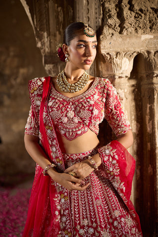 "Naira" Red Raw Silk Hand Embroidered Lehenga Set