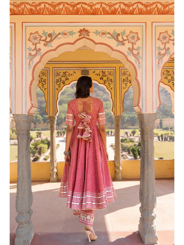 Pomcha Jaipur - ROSEWOOD BOOTI GOTTA JAAL COTTON ANARKALI SET