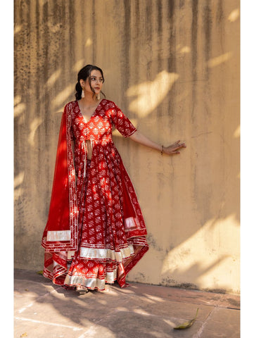 Pomcha Jaipur - BLUSH RED FRONT OPEN KURTA SKIRT SET