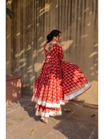 Pomcha Jaipur - BLUSH RED FRONT OPEN KURTA SKIRT SET