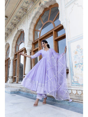 Pomcha Jaipur - LILAC COTTON SILK GOTTA JAAL ANARKALI SET