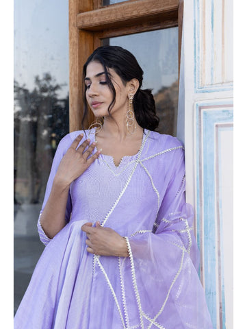 Pomcha Jaipur - LILAC COTTON SILK GOTTA JAAL ANARKALI SET