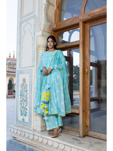 Pomcha Jaipur - DAYLILLY BLUE MUSLIN ANARKALI SET