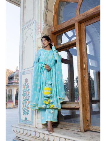 Pomcha Jaipur - DAYLILLY BLUE MUSLIN ANARKALI SET