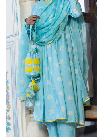 Pomcha Jaipur - DAYLILLY BLUE MUSLIN ANARKALI SET