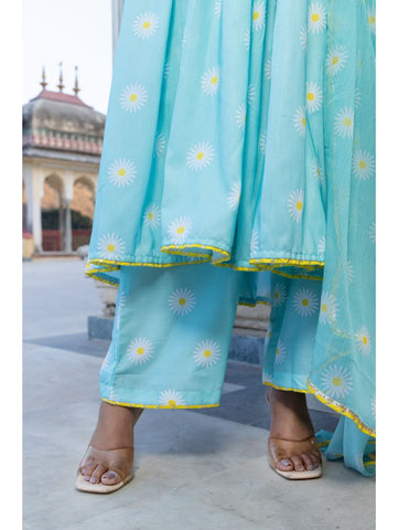 Pomcha Jaipur - DAYLILLY BLUE MUSLIN ANARKALI SET