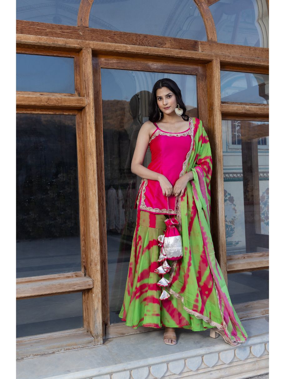 Pomcha Jaipur - GOLDEN SHOWER PINK GREEN SHARARA SET