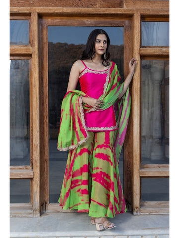 Pomcha Jaipur - GOLDEN SHOWER PINK GREEN SHARARA SET