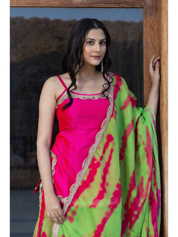 Pomcha Jaipur - GOLDEN SHOWER PINK GREEN SHARARA SET