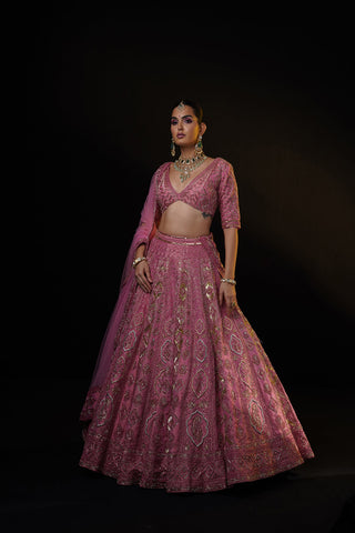 "Vania" Pink Tissue Lehenga Set With Dupatta