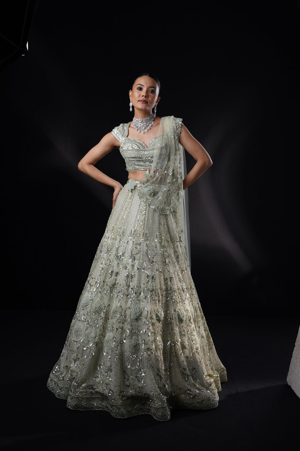 "Emily" Seagreen Organza Applique Lehenga Set With Drape