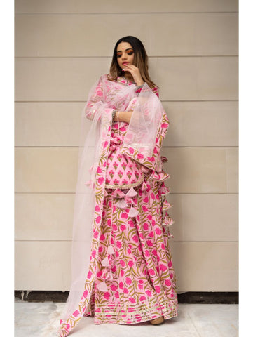 Pomcha Jaipur - TULSI PINK COTTON HAND BLOCK SKIRT SET