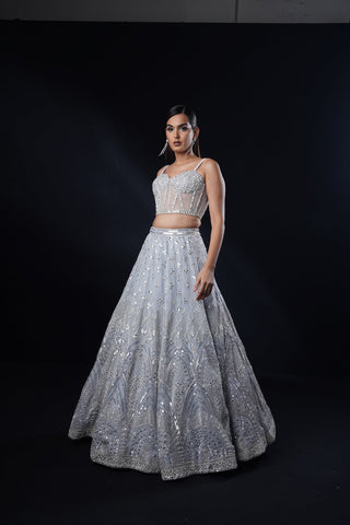 "Meera" Powder Blue Lehenga Set With Pearl Corset Blouse And Cape