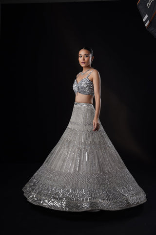 "Quartz" Grey Geometric Lehenga Set With Dupatta