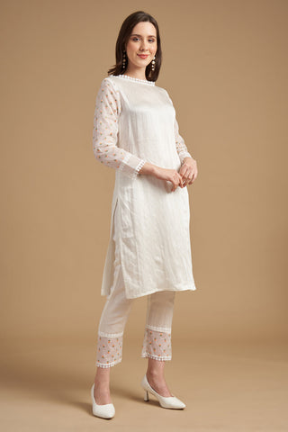 Ivory Thread Embroidered Tunic With Pant