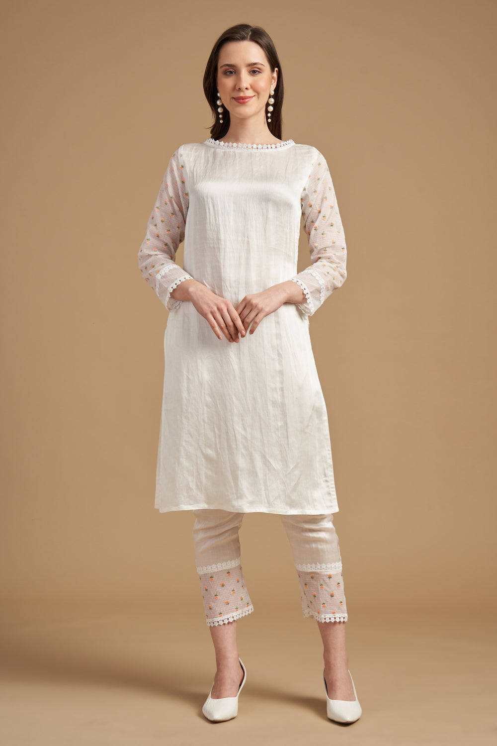 Ivory Thread Embroidered Tunic With Pant