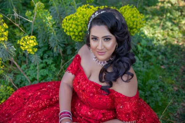 Red lengha designed by Dina Kashap London